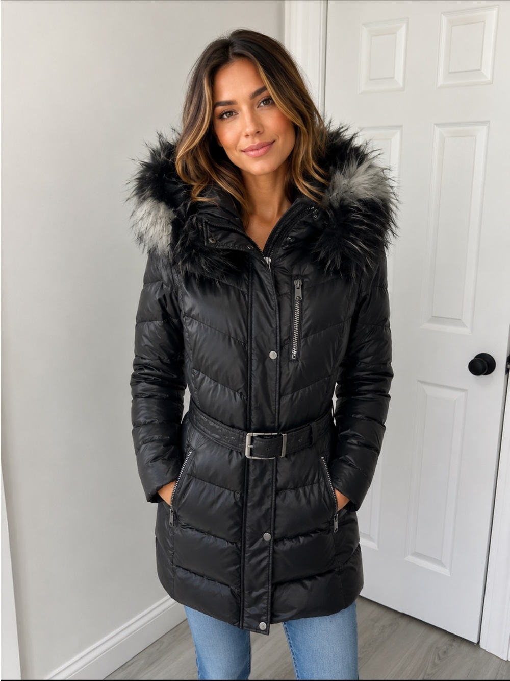 Andrew Marc Black Down Belted Coat